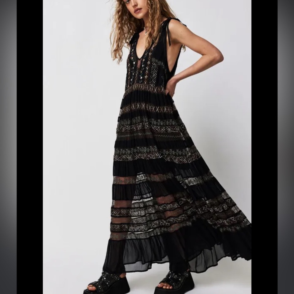 Free People Black Sheer Tiered Maxi Dress with Embroidered Details